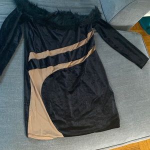 Fuzzy Trim Off Shoulder Contrast Panel Velvet Bodycon Dress